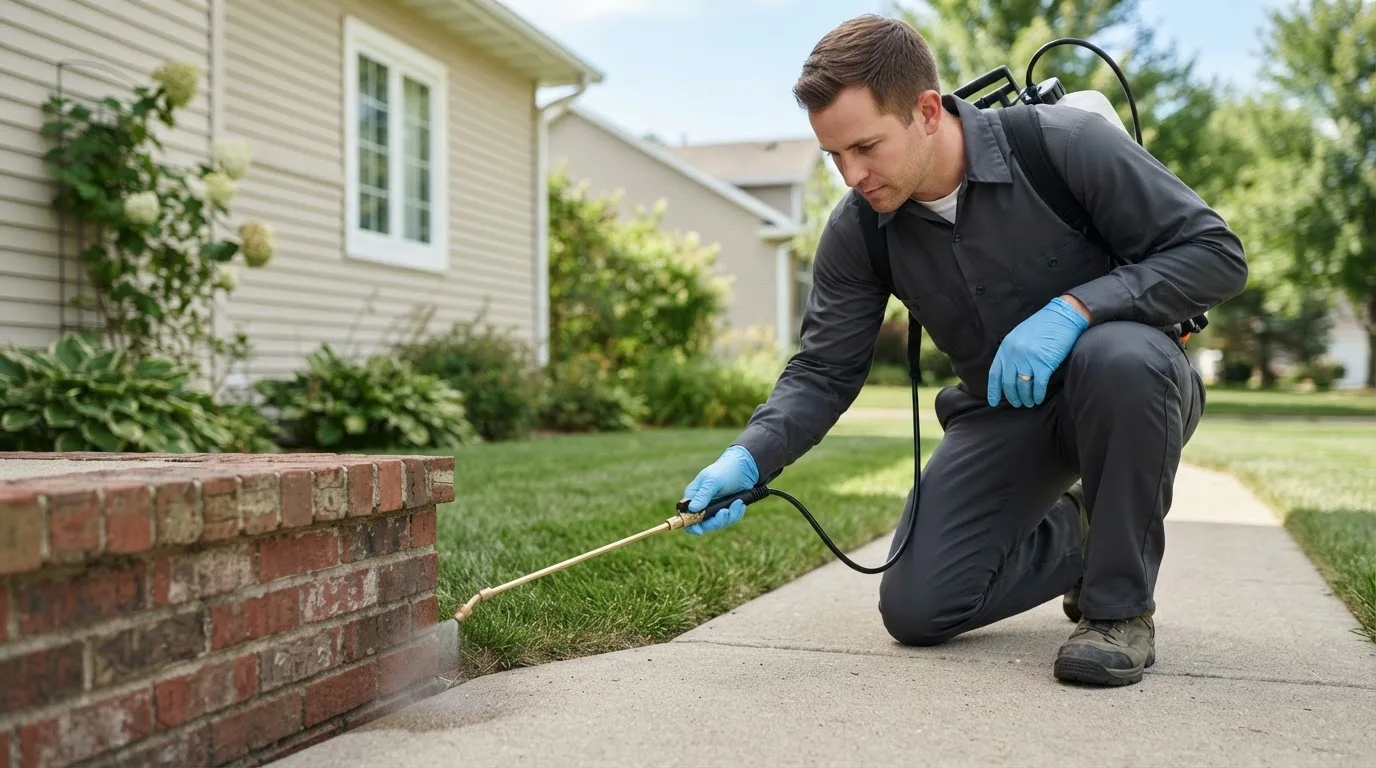 Pest control technician treating a home near Webster, IN