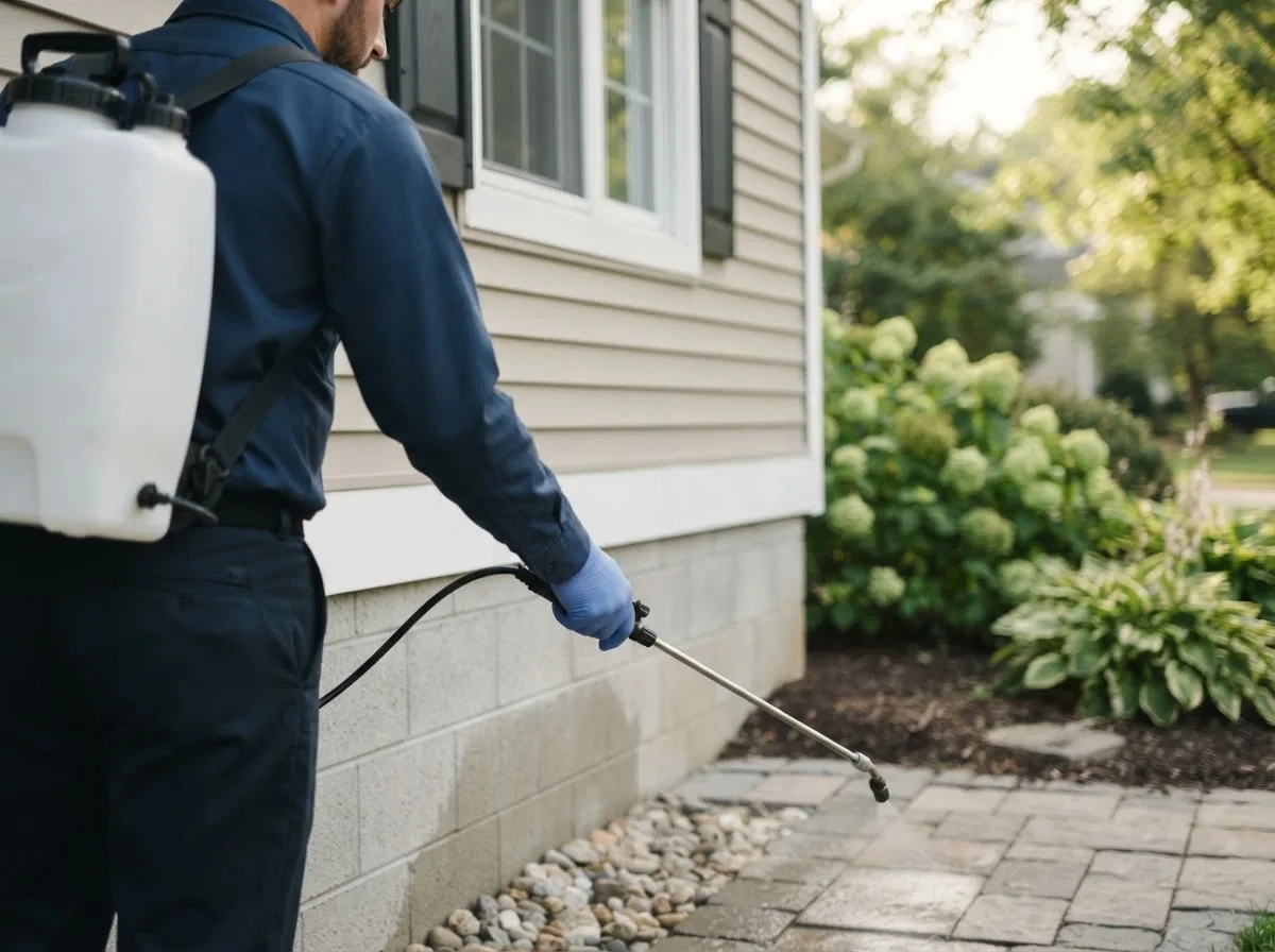 Pest control technician inspecting a home in Webster, IN